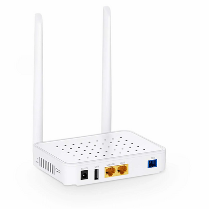 FyberOptix ONU1910-1GF-W, XPON (GPON + EPON) ONU, with 1 x PON, 1 x GE, 1 x FE, 1 x USB, and 2 x External Antennas (2.4GHz, 300Mbps WiFi 4)