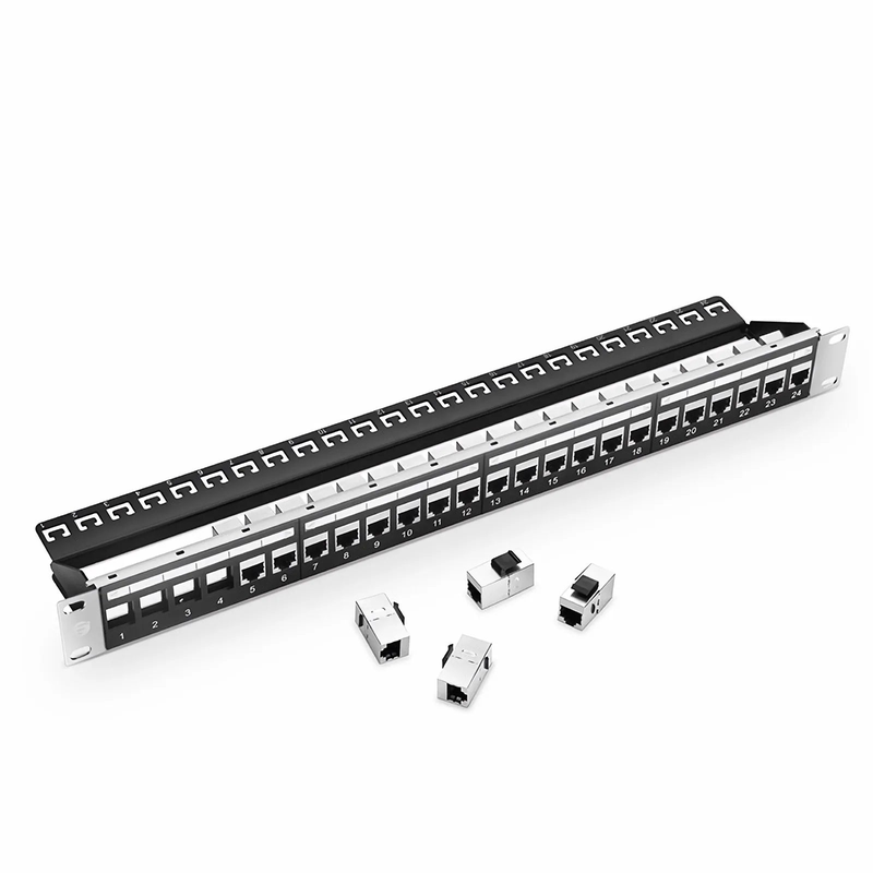 FyberOptix Cat5e Coupler Patch Panel, 24-Port, 1RU, Cable Management Bar Included