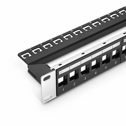 FyberOptix Blank Shielded/UnShielded Patch Panel for Keystone Modules, 24-Port, 1RU, Cable Management Bar Included, Black