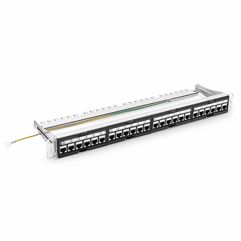 FyberOptix FDMP Cat6 Shielded Coupler Recessed Patch Panel, 24-Port, 1RU, Cable Management Bar Included