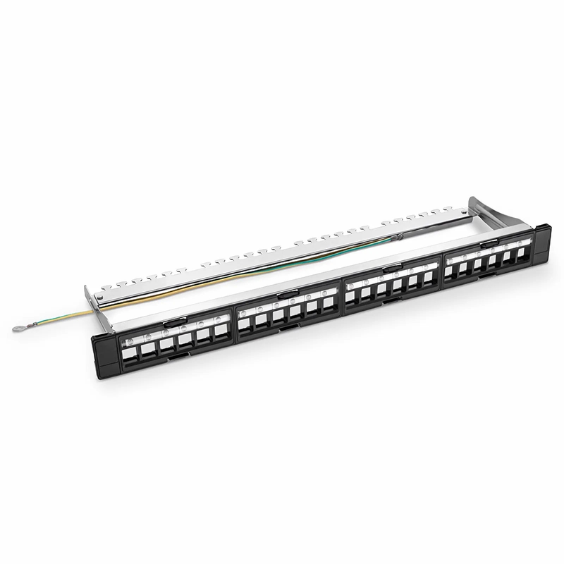 FyberOptix FDMP Blank Shielded/UnShielded Recessed Patch Panel for Keystone Modules, 24-Port, 1RU, Cable Management Bar Included, Black