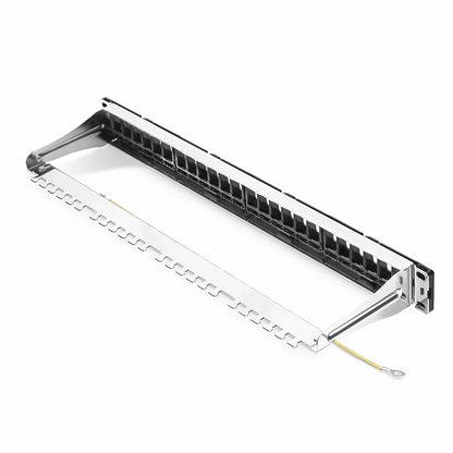 FyberOptix FDMP Blank Shielded/UnShielded Recessed Patch Panel for Keystone Modules, 24-Port, 1RU, Cable Management Bar Included, Black