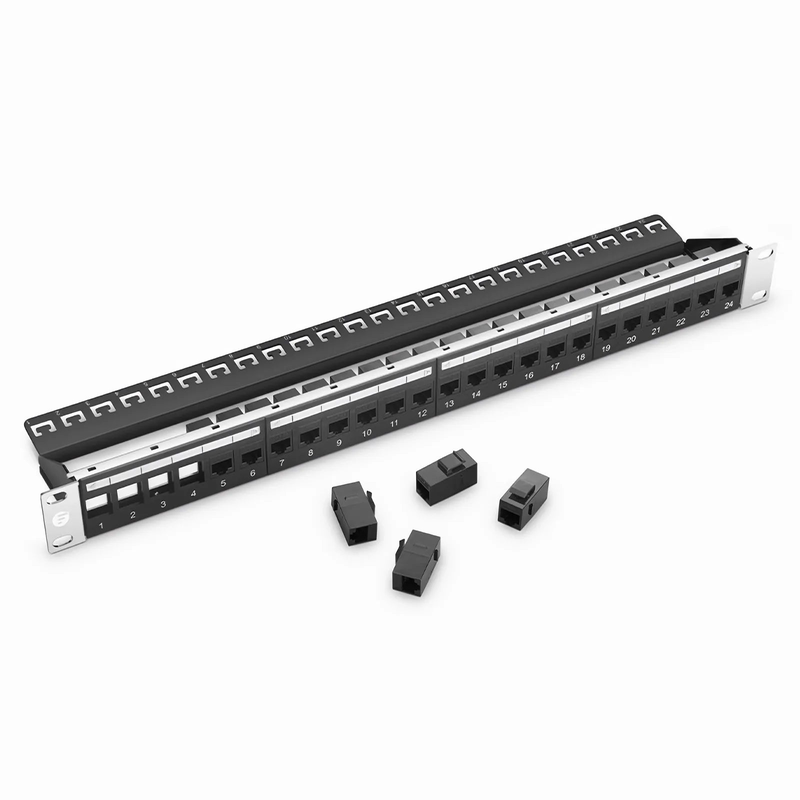 FyberOptix Cat5e Coupler Patch Panel, 24-Port, 1RU, Cable Management Bar Included