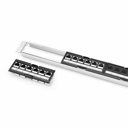 FyberOptix FDMP Cat6 Shielded Coupler Recessed Patch Panel, 24-Port, 1RU, Cable Management Bar Included