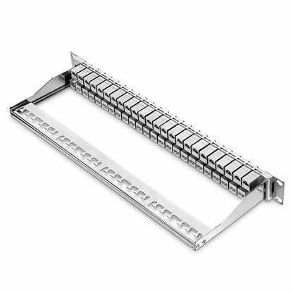 FyberOptix FDMP Cat6a Shielded Coupler Flat Patch Panel, 48-Port, 1RU, Cable Management Bar Included