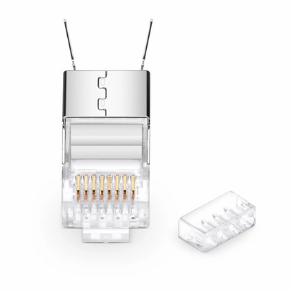 FyberOptix Cat6a/Cat7 RJ45 Standard Modular Plugs (Two-Piece Suit), Shielded Network Connectors for 23AWG Twisted Pair Solid Cable or Stranded Cable (50/Pack)