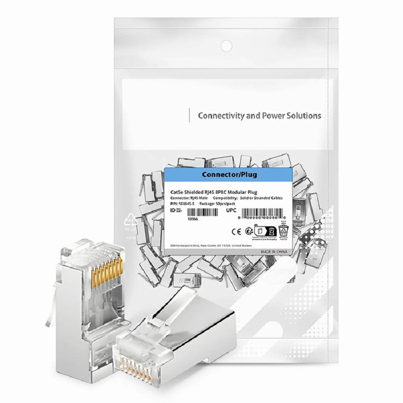 FyberOptix Cat5e RJ45 Standard Modular Plugs, Shielded Network Connectors for 24~26AWG Twisted Pair Solid or Stranded Cable (50/Pack)