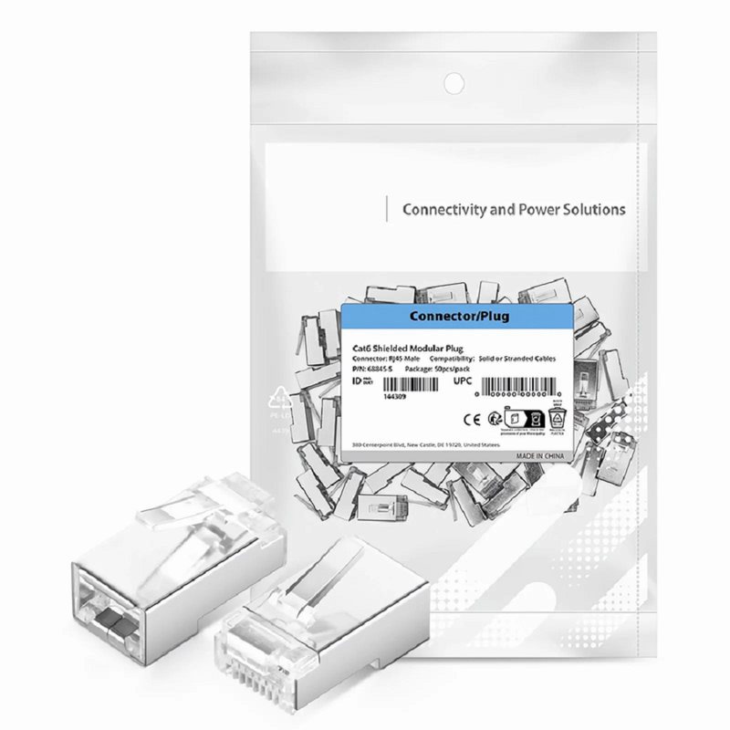 FyberOptix Cat6 RJ45 Standard Modular Plugs (Two-Piece Suit), Shielded Network Connectors for 26AWG Twisted Pair Solid or Stranded Cable (50/Pack)