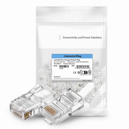 FyberOptix Cat6 RJ45 Pass Through Modular Plugs, Unshielded Network Connectors for 24AWG Twisted Pair Solid or Stranded Cable (50/Pack)