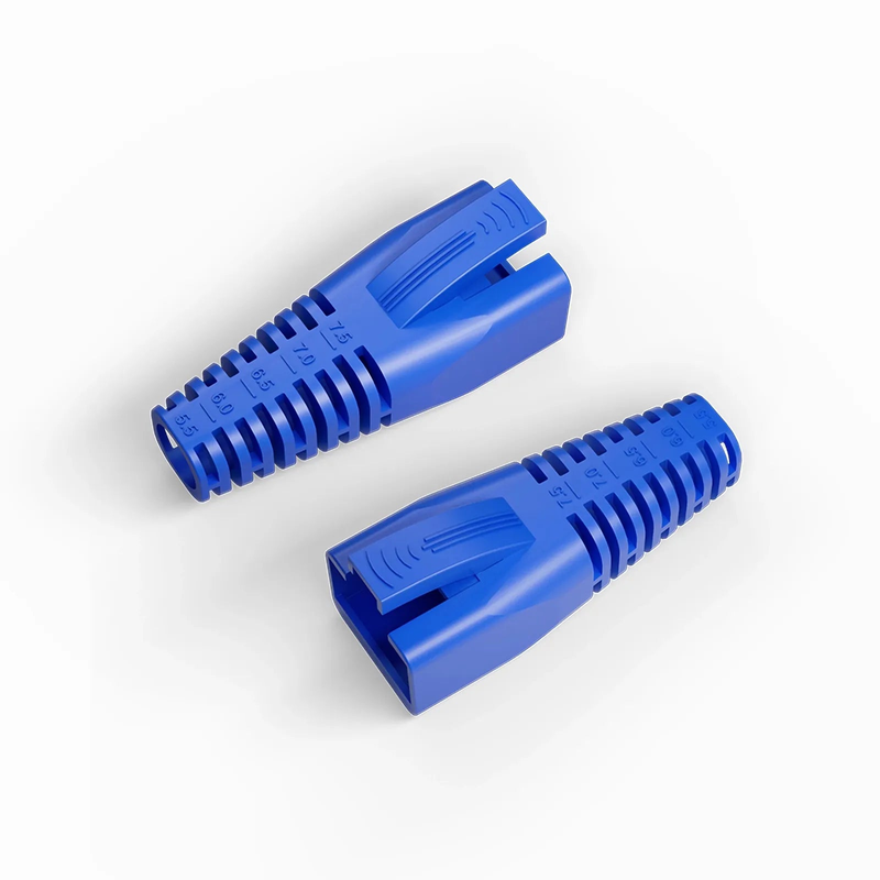 FyberOptix DIY RJ45 Strain Relief Boots, 5.5-7.5 mm OD for Cat5e/Cat6/Cat6a/Cat7/Cat8 Ethernet Cables, Blue, 50PCS/Pack