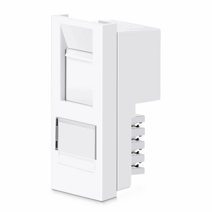 FyberOptix British-Style Cat6 Shuttered Faceplate Frame Insert, Label Pockets, Flat, 1 Port, White, 1.97'' x 0.98''