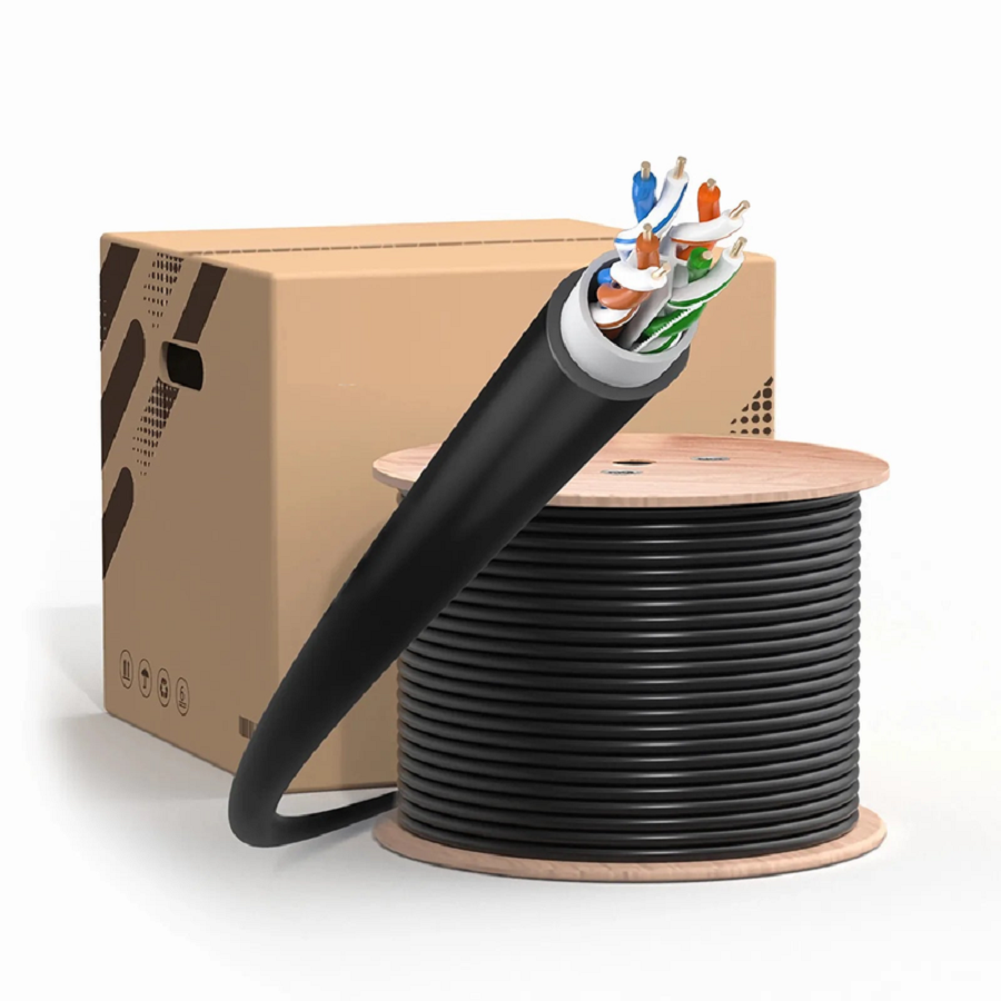 FyberOptix Cat6 Outdoor Direct Burial Cable, 1000ft (305m), 23AWG Solid Pure Bare Copper, 550MHz, Unshielded (UTP), UV Rated PVC and LDPE Double Jackets, with Reel, Black