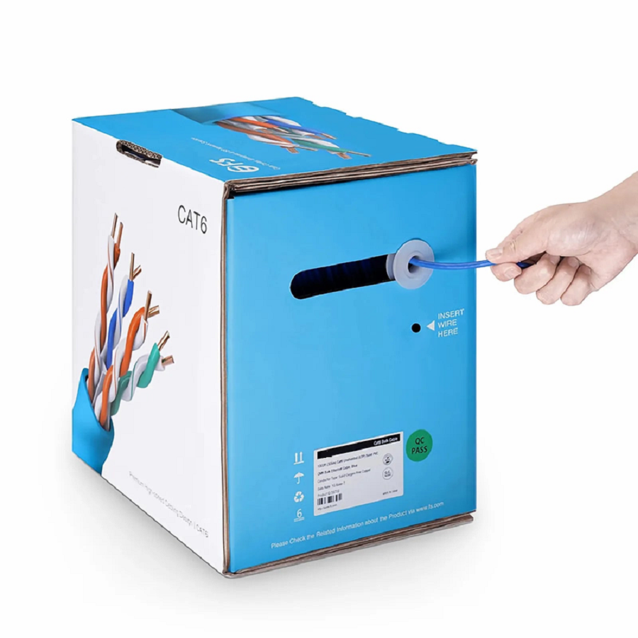 FyberOptix Cat6 Ethernet Bulk Cable, 1000ft (305m), 23AWG Solid Pure Bare Copper Wire, 550MHz, Unshielded (UTP), PVC CMP, with Reel (Blue)