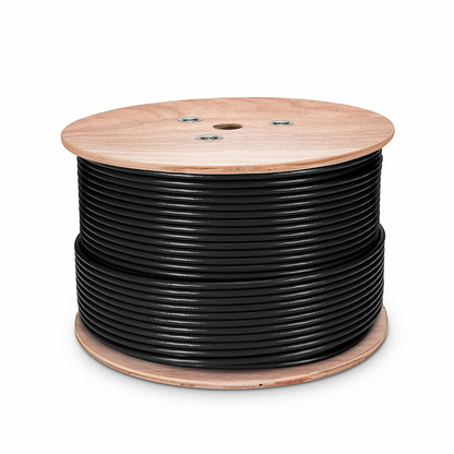 FyberOptix Cat6 Outdoor Direct Burial Cable, 1000ft (305m), 23AWG Solid Pure Bare Copper, 550MHz, Unshielded (UTP), UV Rated PVC and LDPE Double Jackets, with Reel, Black