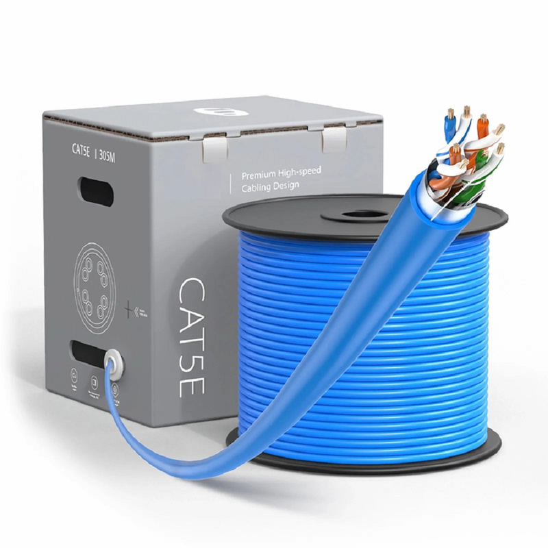 FyberOptix Cat5e Ethernet Bulk Cable, 1000ft (305m), 24AWG Solid Pure Bare Copper Wire, 350MHz, Unshielded (UTP), PVC CMR, with Reel (Blue)