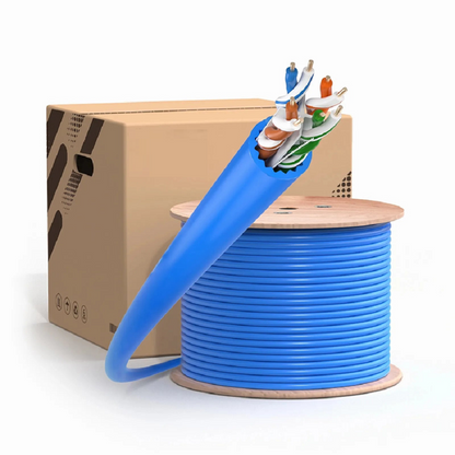 FyberOptix Cat6a Ethernet Bulk Cable, 1000ft (305m), 23AWG Solid Pure Bare Copper Wire, 750MHz, Shielded (U/FTP), PVC CMR, with Reel (Blue)