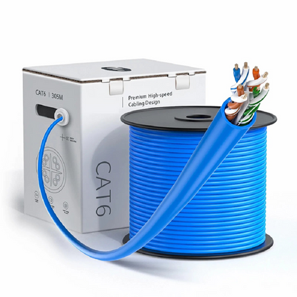 FyberOptix Cat6 Ethernet Bulk Cable, 1000ft (305m), UL Listed, 24AWG Stranded Pure Bare Copper Wire, 550MHz, Unshielded (UTP), PVC CM, with Reel (Blue)