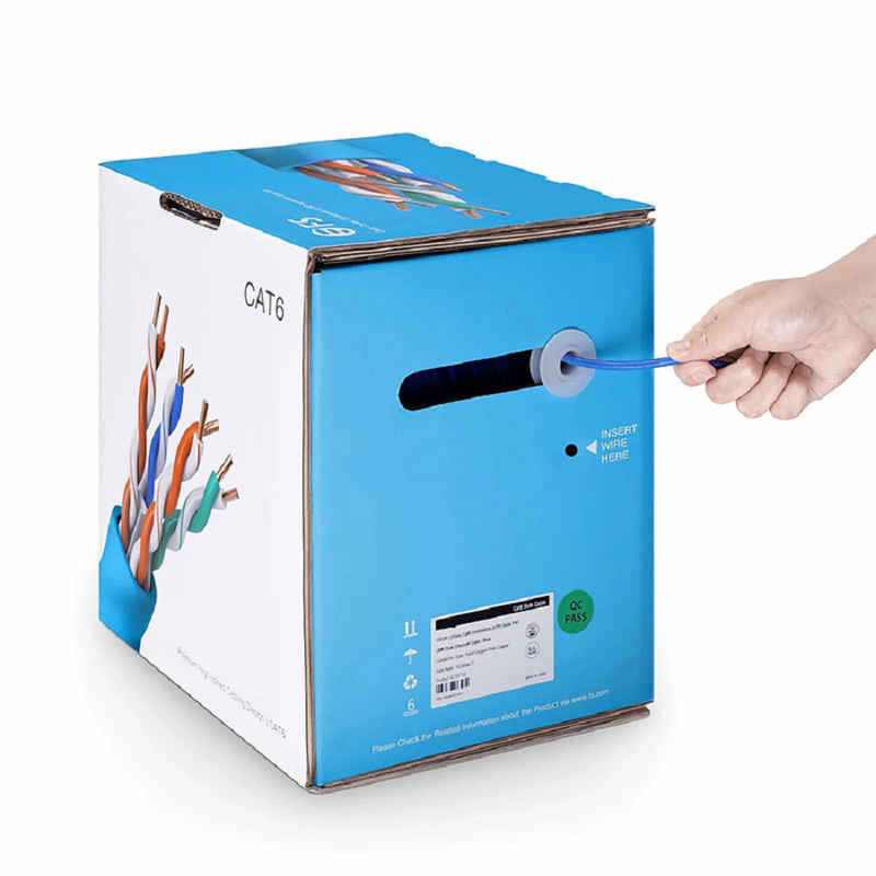 FyberOptix Cat6 Ethernet Bulk Cable, 1000ft (305m), 23AWG Solid Pure Bare Copper Wire, 550MHz, Unshielded (UTP), PVC CMP, with Reel (Blue)