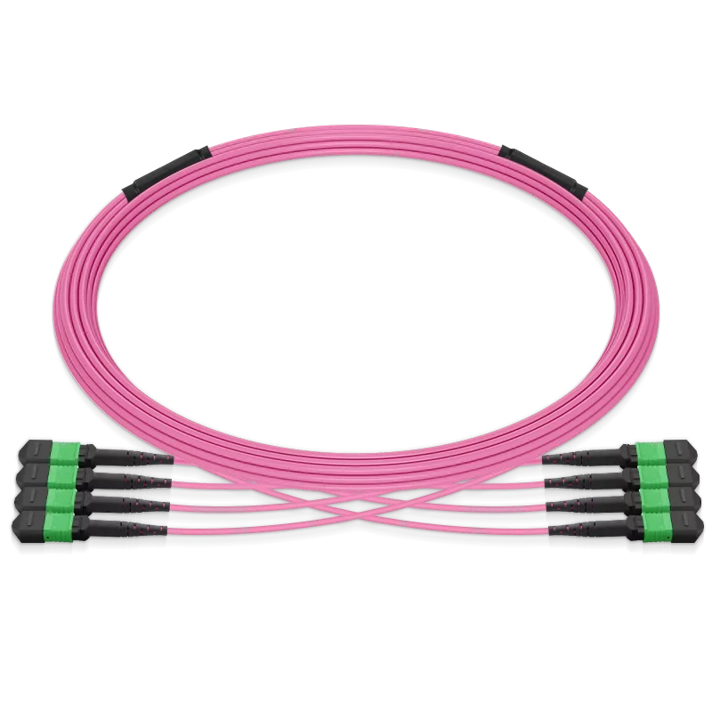 7m (23ft) Pre-terminated MPO 4x4 Shuffle Trunk Cable, 32 Fibers, 4xMPO-8 APC (Male) to 4xMPO-8 APC (Male), Multimode (OM4), Type 4, LSZH, 0.35dB Max, Breakout 80cm, Magenta SFPS