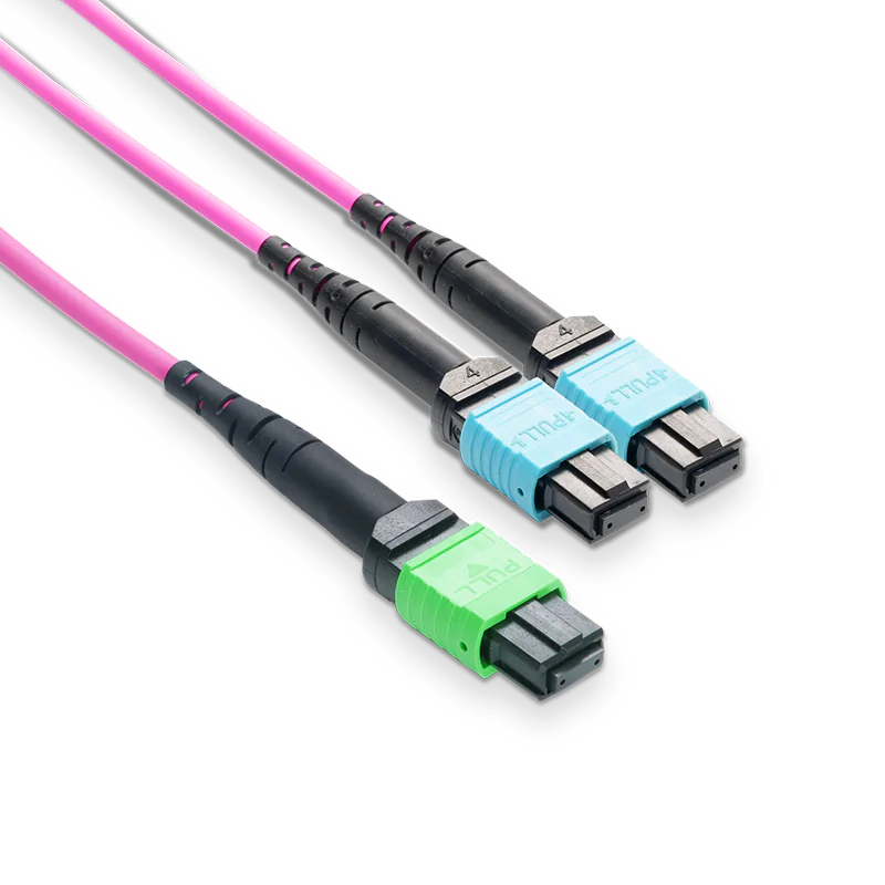 20m (66ft) MPO-16 APC (Female) to 2xMPO-8 UPC (Female) Multimode (OM4) Breakout, Type B, LSZH, 3.0mm, Max IL ÃƒÂ¢Ã¢â‚¬Â°Ã‚Â¤ 0.35dB, Magenta SFPS